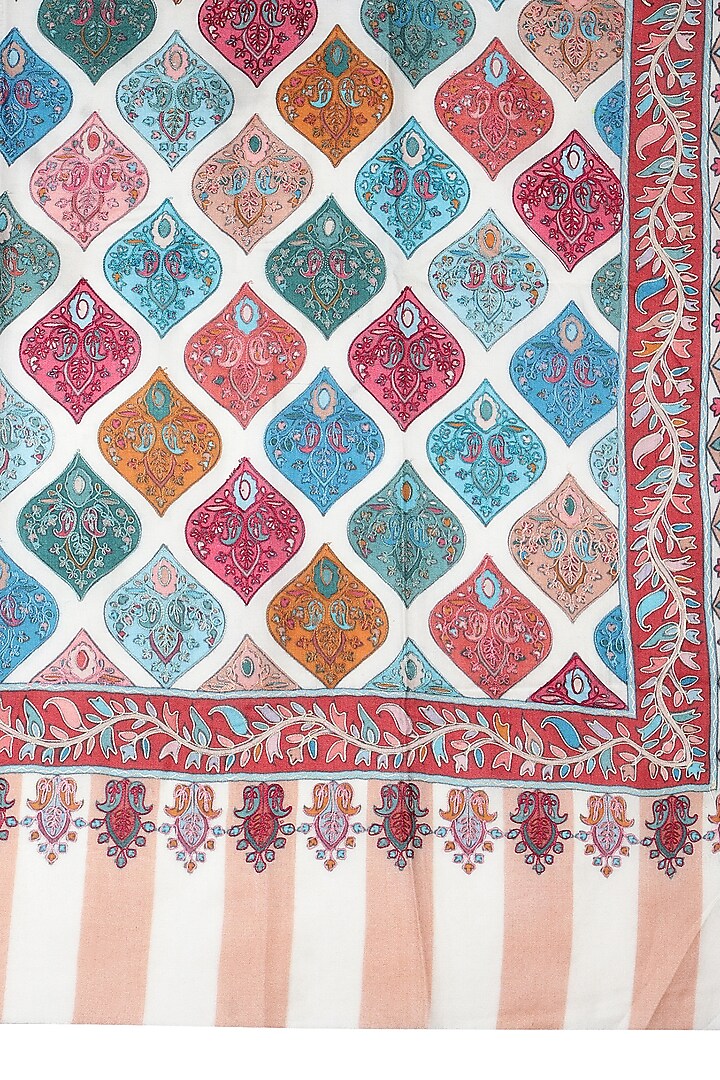 Cream Fine Wool Kalamkari Shawl by Mizash at Pernia's Pop Up Shop