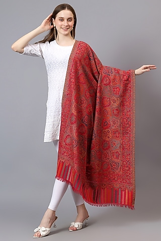 Red Fine Wool Jamawar Weave Work Shawl by Mizash