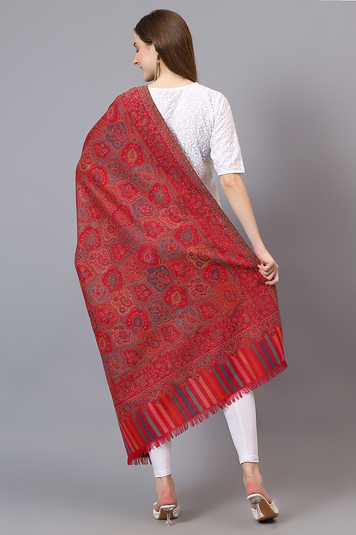 Red Fine Wool Jamawar Weave Work Shawl by Mizash at Pernia's Pop Up Shop