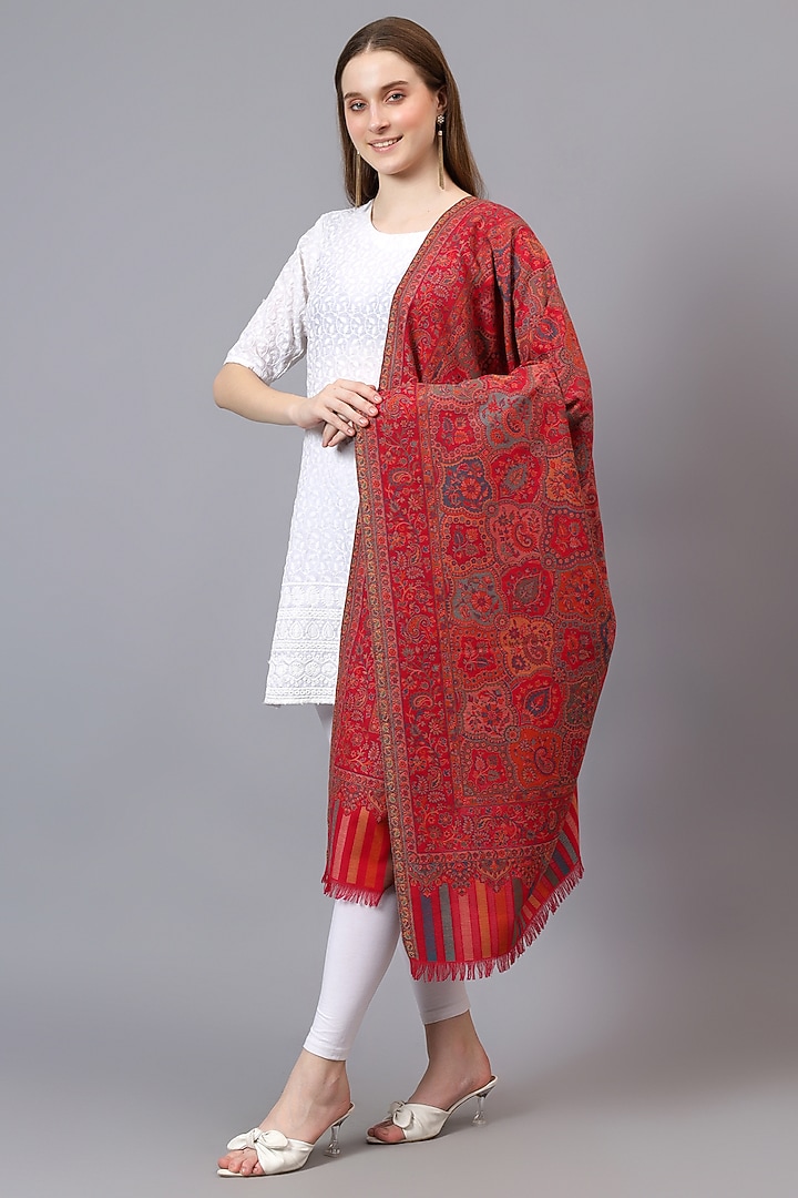 Red Fine Wool Jamawar Weave Work Shawl by Mizash at Pernia's Pop Up Shop