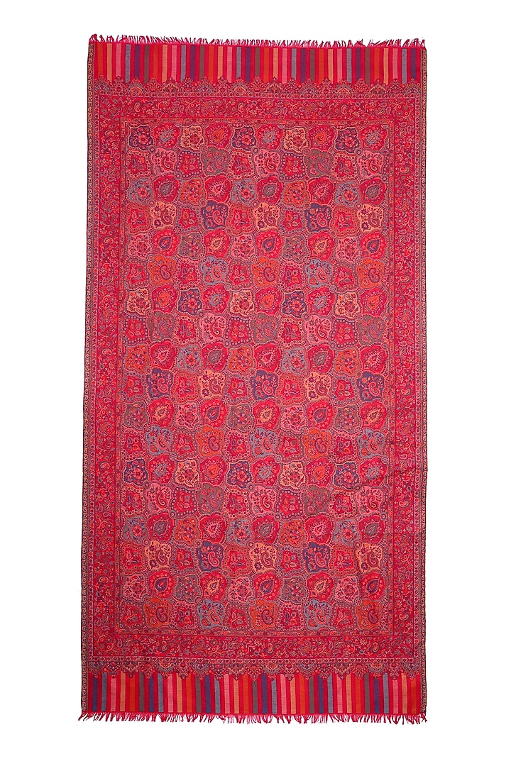 Red Fine Wool Jamawar Weave Work Shawl by Mizash at Pernia's Pop Up Shop