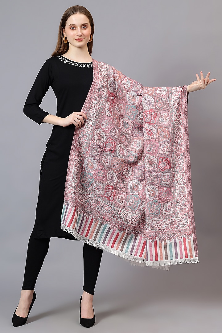 White Fine Wool Jamawar Weave Work Shawl by Mizash at Pernia's Pop Up Shop