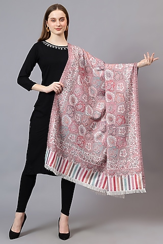 White Fine Wool Jamawar Weave Work Shawl by Mizash