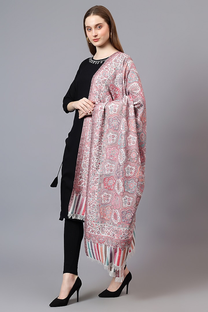 White Fine Wool Jamawar Weave Work Shawl by Mizash at Pernia's Pop Up Shop
