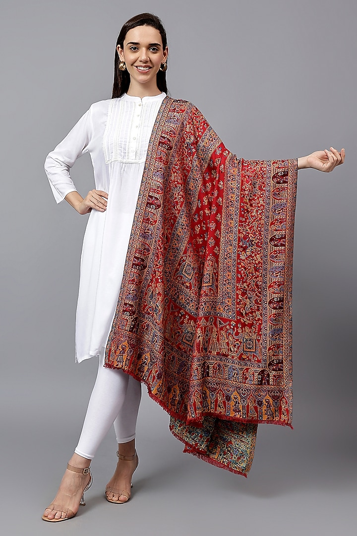 Red Fine Wool Mughal Kani Work Shawl by Mizash at Pernia's Pop Up Shop