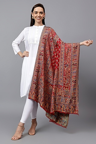 Red Fine Wool Mughal Kani Work Shawl by Mizash