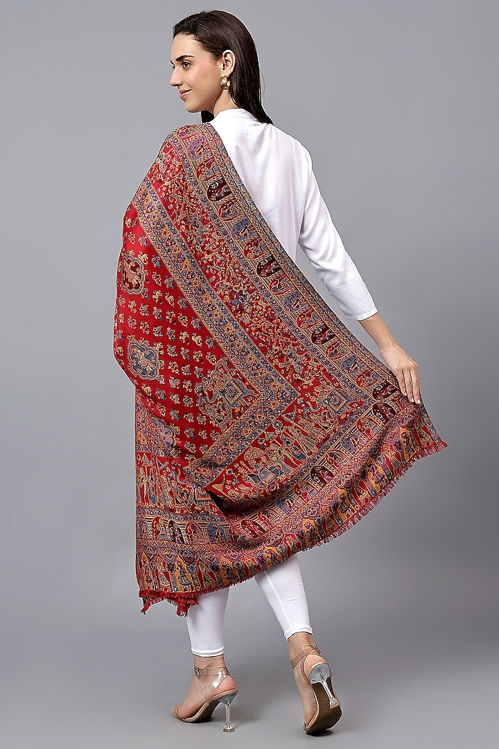 Red Fine Wool Mughal Kani Work Shawl by Mizash at Pernia's Pop Up Shop