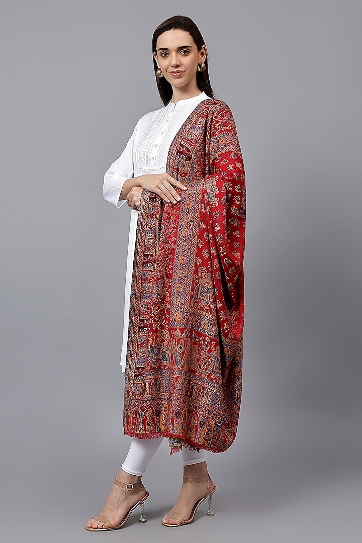 Red Fine Wool Mughal Kani Work Shawl by Mizash at Pernia's Pop Up Shop