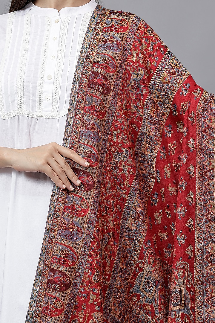Red Fine Wool Mughal Kani Work Shawl by Mizash at Pernia's Pop Up Shop