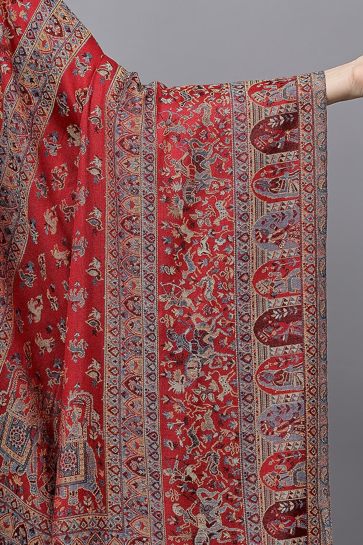 Red Fine Wool Mughal Kani Work Shawl by Mizash at Pernia's Pop Up Shop
