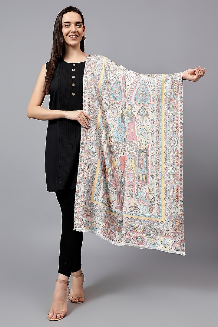 White Fine Wool Mughal Darbar Work Shawl by Mizash at Pernia's Pop Up Shop