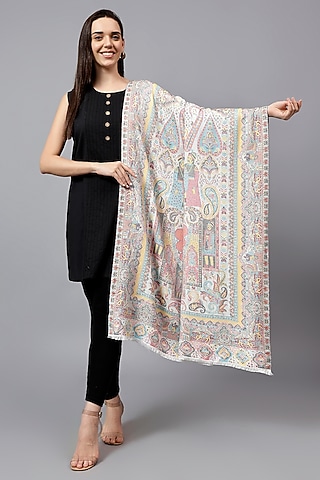 White Fine Wool Mughal Darbar Work Shawl by Mizash