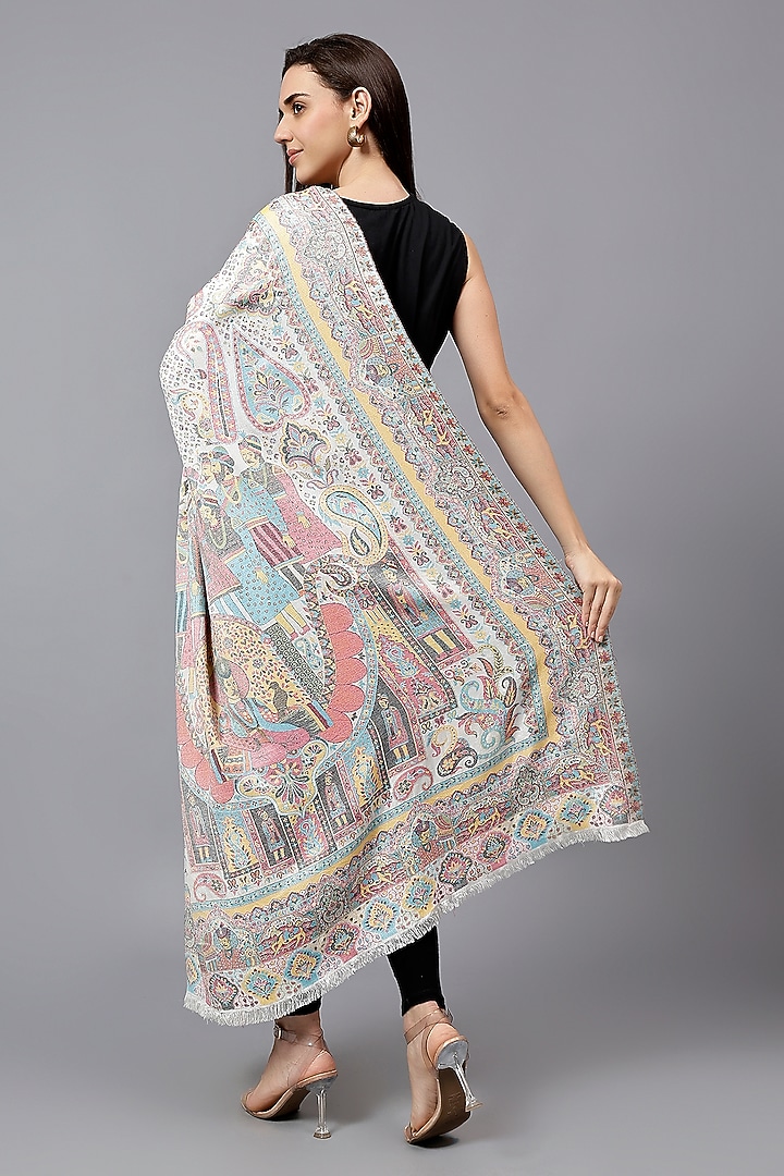 White Fine Wool Mughal Darbar Work Shawl by Mizash at Pernia's Pop Up Shop
