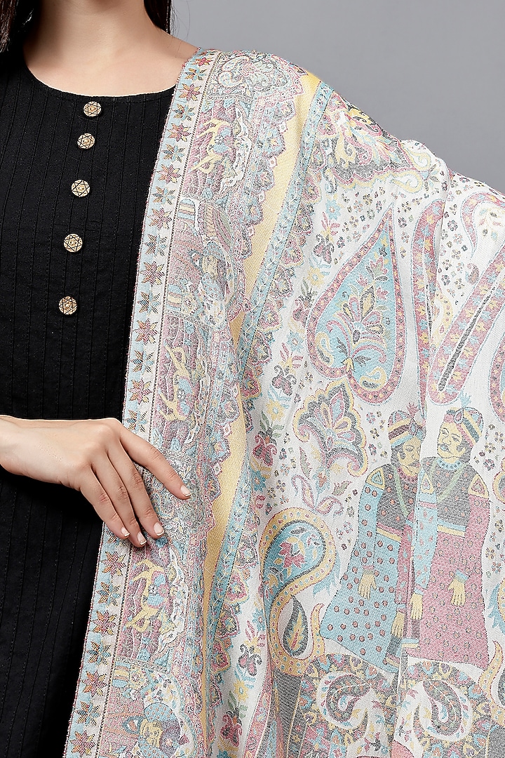 White Fine Wool Mughal Darbar Work Shawl by Mizash at Pernia's Pop Up Shop