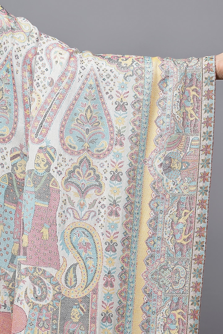 White Fine Wool Mughal Darbar Work Shawl by Mizash at Pernia's Pop Up Shop