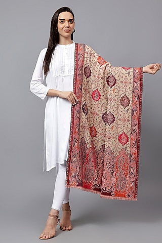 Beige Fine Wool Paisley Weave Work Shawl by Mizash
