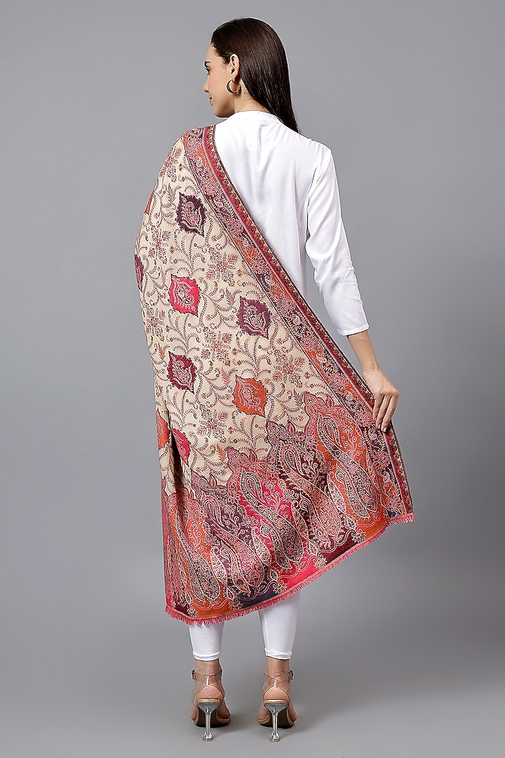 Beige Fine Wool Paisley Weave Work Shawl by Mizash at Pernia's Pop Up Shop