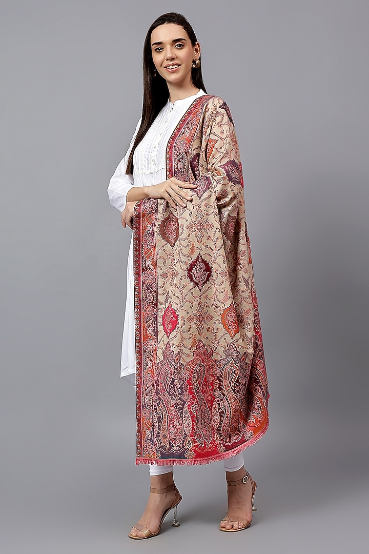 Beige Fine Wool Paisley Weave Work Shawl by Mizash at Pernia's Pop Up Shop