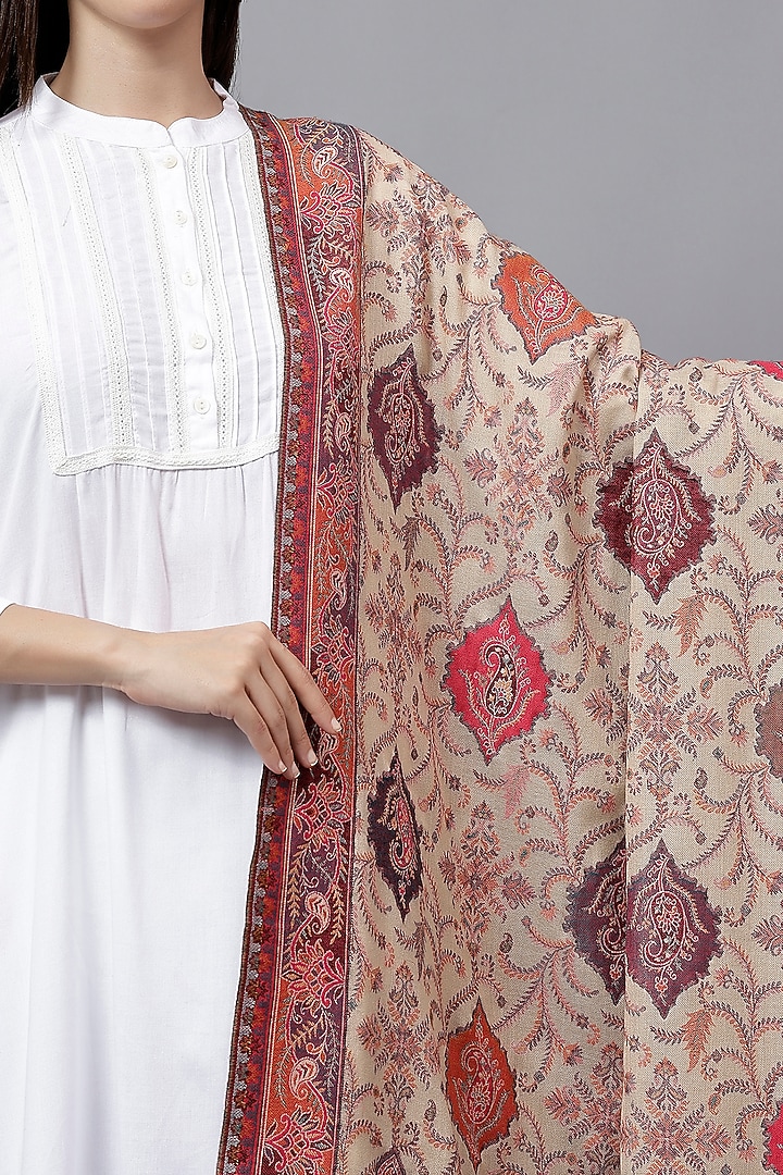 Beige Fine Wool Paisley Weave Work Shawl by Mizash at Pernia's Pop Up Shop