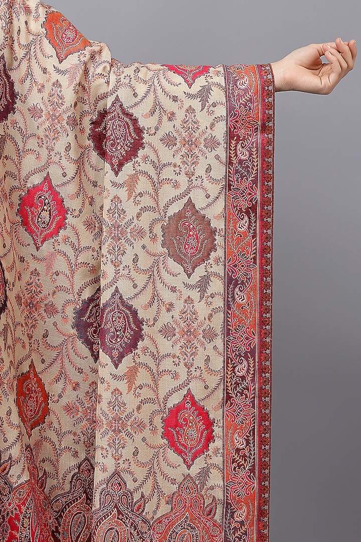 Beige Fine Wool Paisley Weave Work Shawl by Mizash at Pernia's Pop Up Shop