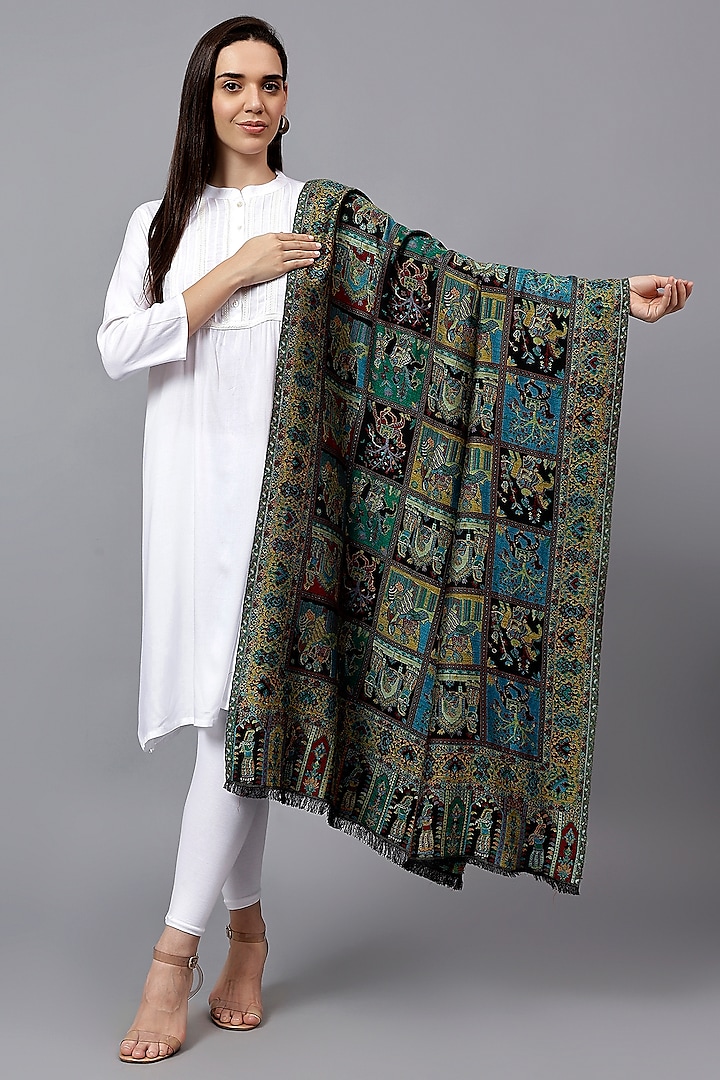 Black Fine Wool Mughal Shawl by Mizash at Pernia's Pop Up Shop