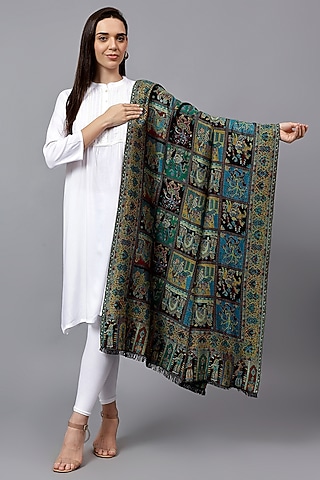 Black Fine Wool Mughal Shawl by Mizash