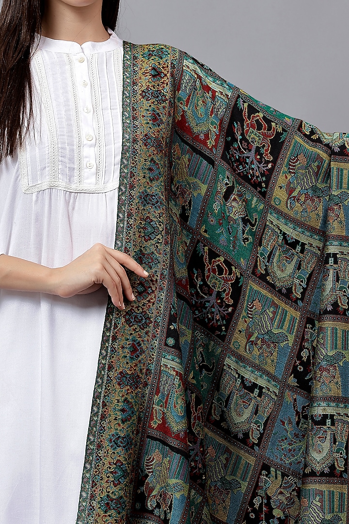 Black Fine Wool Mughal Shawl by Mizash at Pernia's Pop Up Shop