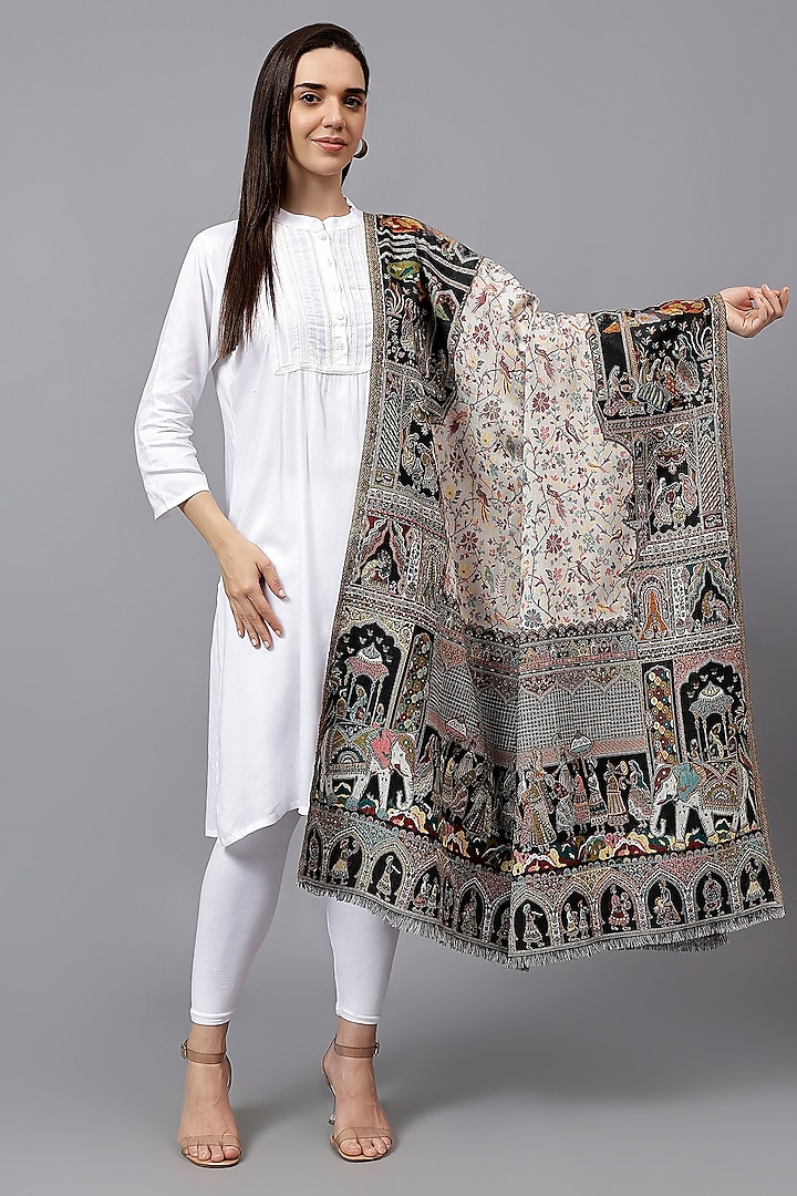 White Fine Wool Mughal Jaal Kani Shawl by Mizash at Pernia's Pop Up Shop