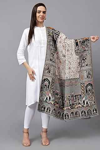 White Fine Wool Mughal Jaal Kani Shawl by Mizash