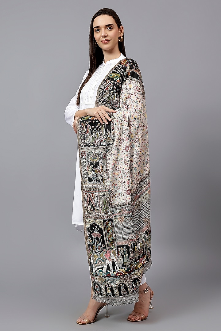 White Fine Wool Mughal Jaal Kani Shawl by Mizash at Pernia's Pop Up Shop