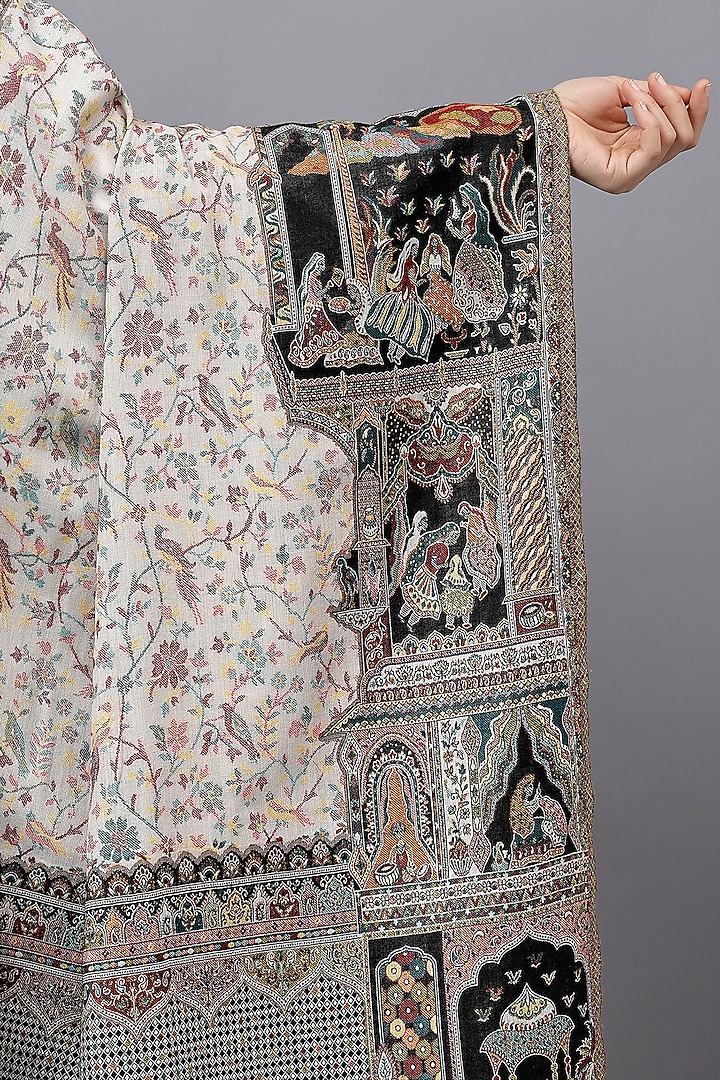White Fine Wool Mughal Jaal Kani Shawl by Mizash at Pernia's Pop Up Shop
