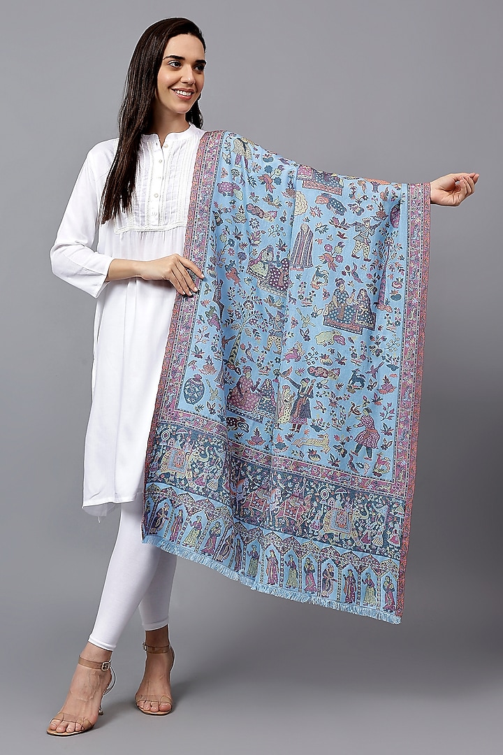 Blue Fine Wool Mughal Jaal Kani Shawl by Mizash at Pernia's Pop Up Shop