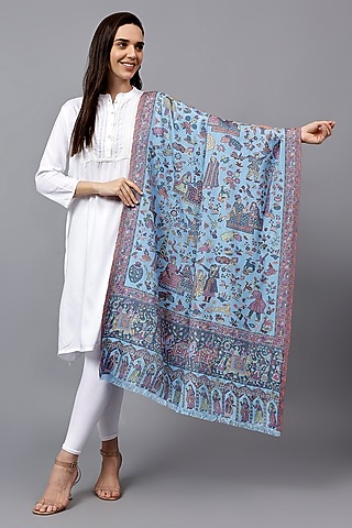 Blue Fine Wool Mughal Jaal Kani Shawl by Mizash