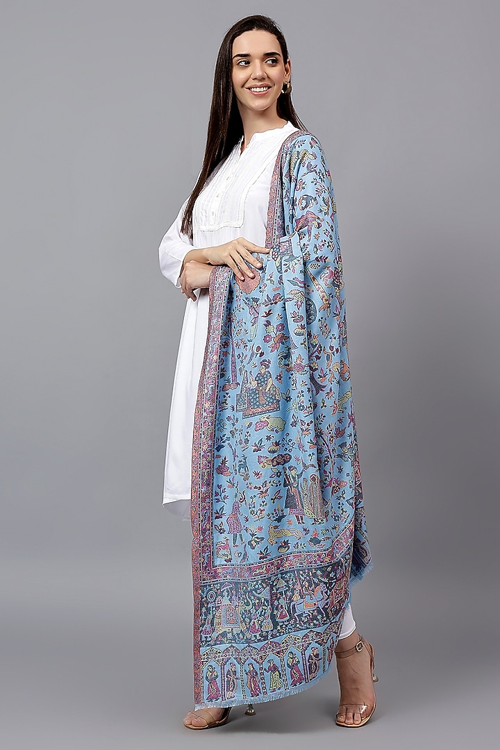 Blue Fine Wool Mughal Jaal Kani Shawl by Mizash at Pernia's Pop Up Shop