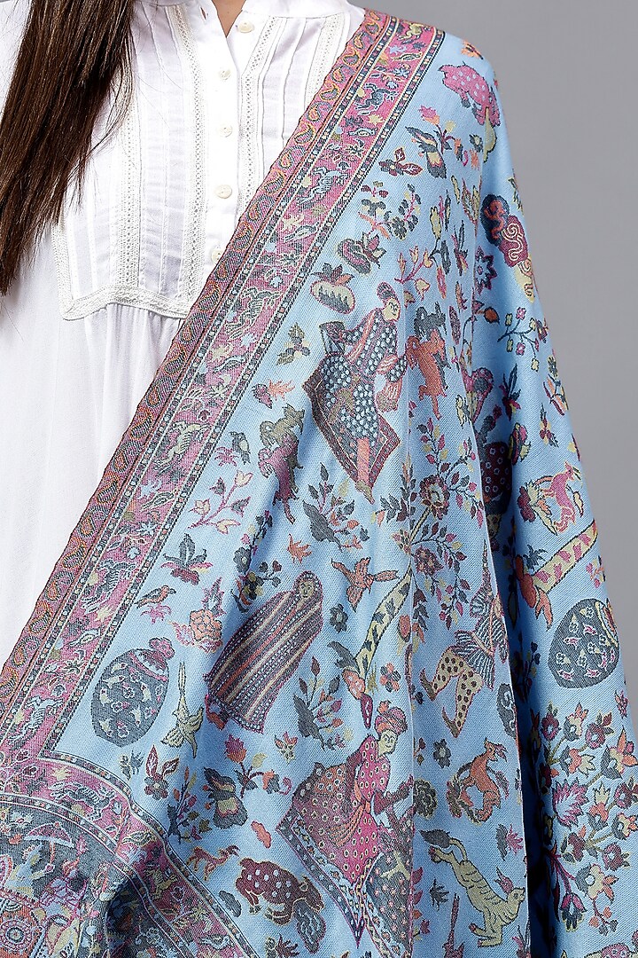 Blue Fine Wool Mughal Jaal Kani Shawl by Mizash at Pernia's Pop Up Shop