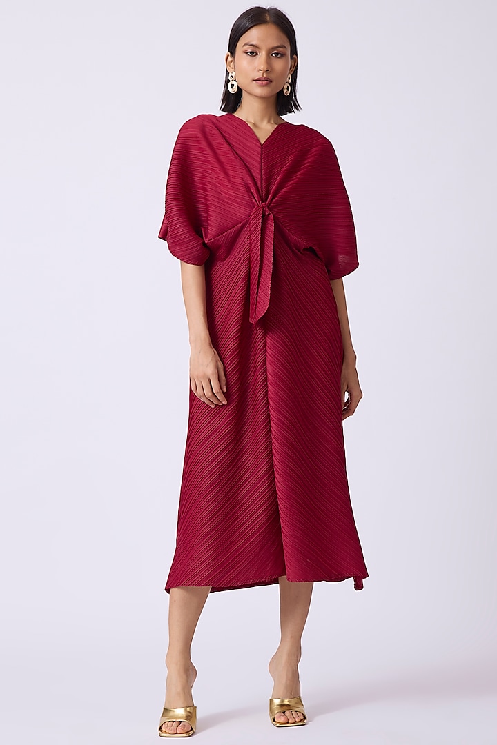 Dark Red Polyester A-Line Midi Dress by Scarlet Sage