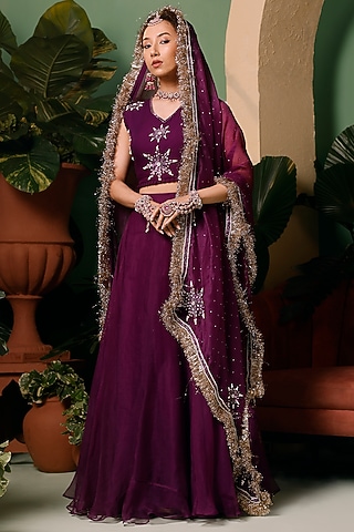 Midnight Purple Organza Lehenga Set by Midushi Bajoria