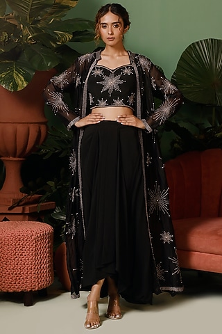 Black Organza Hand Embroidered Jacket Set by Midushi Bajoria