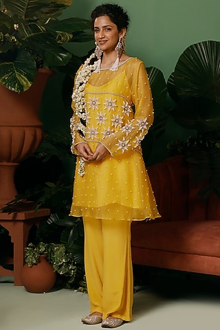 Bright Yellow Organza Co-Ord Set by Midushi Bajoria