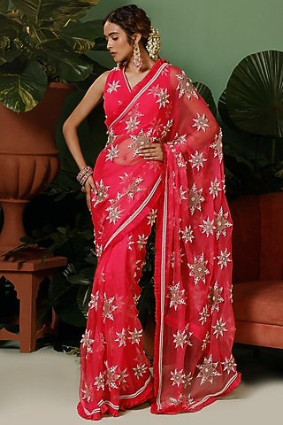Candy Pink Organza Saree Set by Midushi Bajoria