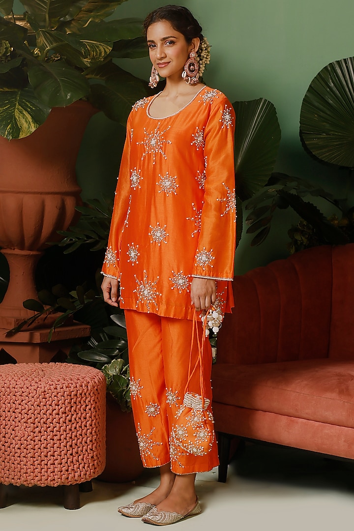 Sunshine Orange Silk Chanderi Hand Embellished Co-Ord Set by Midushi Bajoria