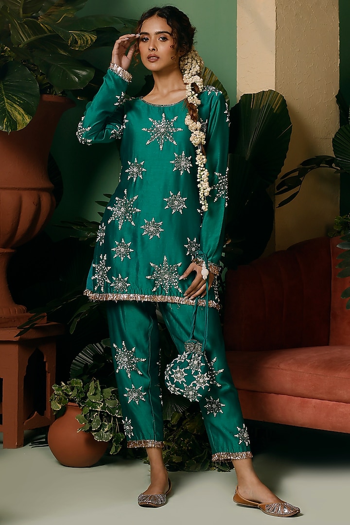 Forest Green Silk Chanderi Hand Embellished Co-Ord Set by Midushi Bajoria