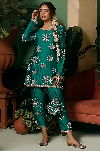 Forest Green Silk Chanderi Hand Embellished Co-Ord Set by Midushi Bajoria