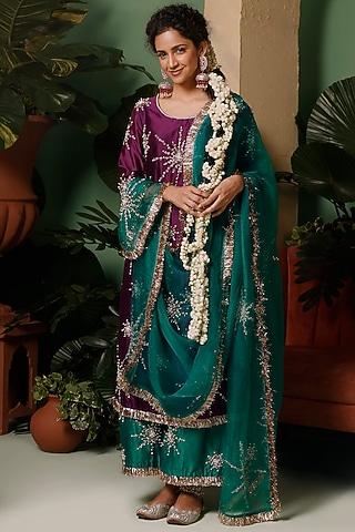 Midnight Purple Silk Chanderi Hand Embellished Kurta Set by Midushi Bajoria