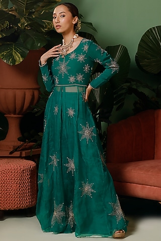 Forest Green Organza Hand Embroidered Anarkali Jacket Set by Midushi Bajoria