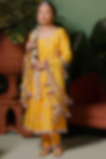Yellow Silk Chanderi Hand Embellished A-Line Kurta Set by Midushi Bajoria