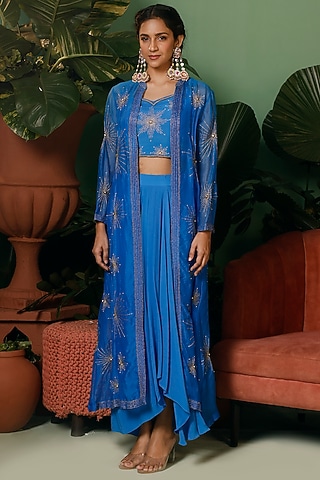 Cobalt Blue Organza Hand Embroidered Jacket Set by Midushi Bajoria