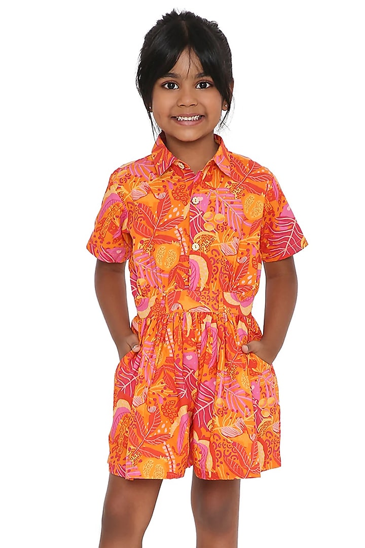 Tangerine Orange Organic Cotton Floral Printed Playsuit For Girls by Miko Lolo at Pernia's Pop Up Shop