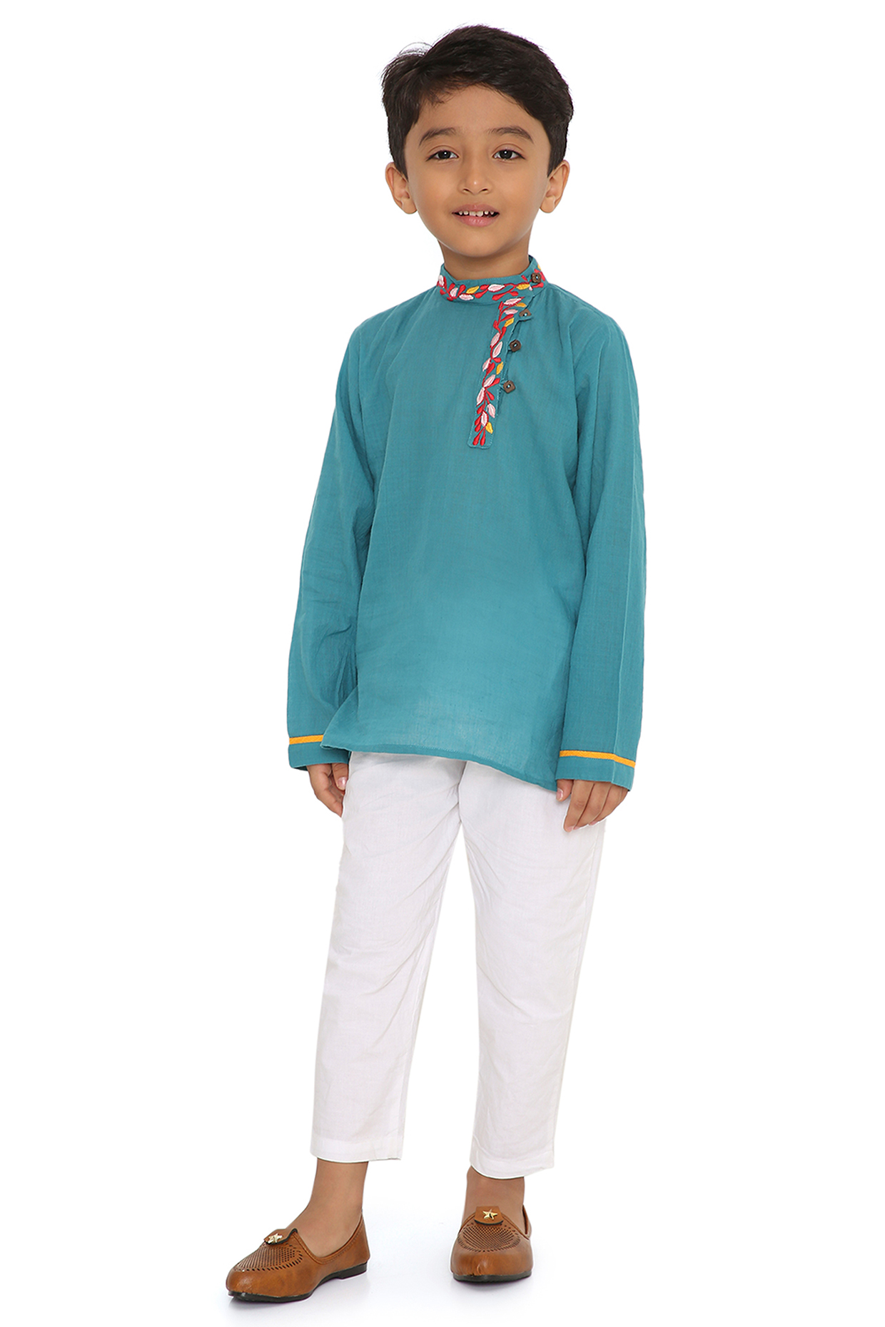 Blue Block Printed Kurta Set For Boys by Miko Lolo at Pernia's Pop Up Shop