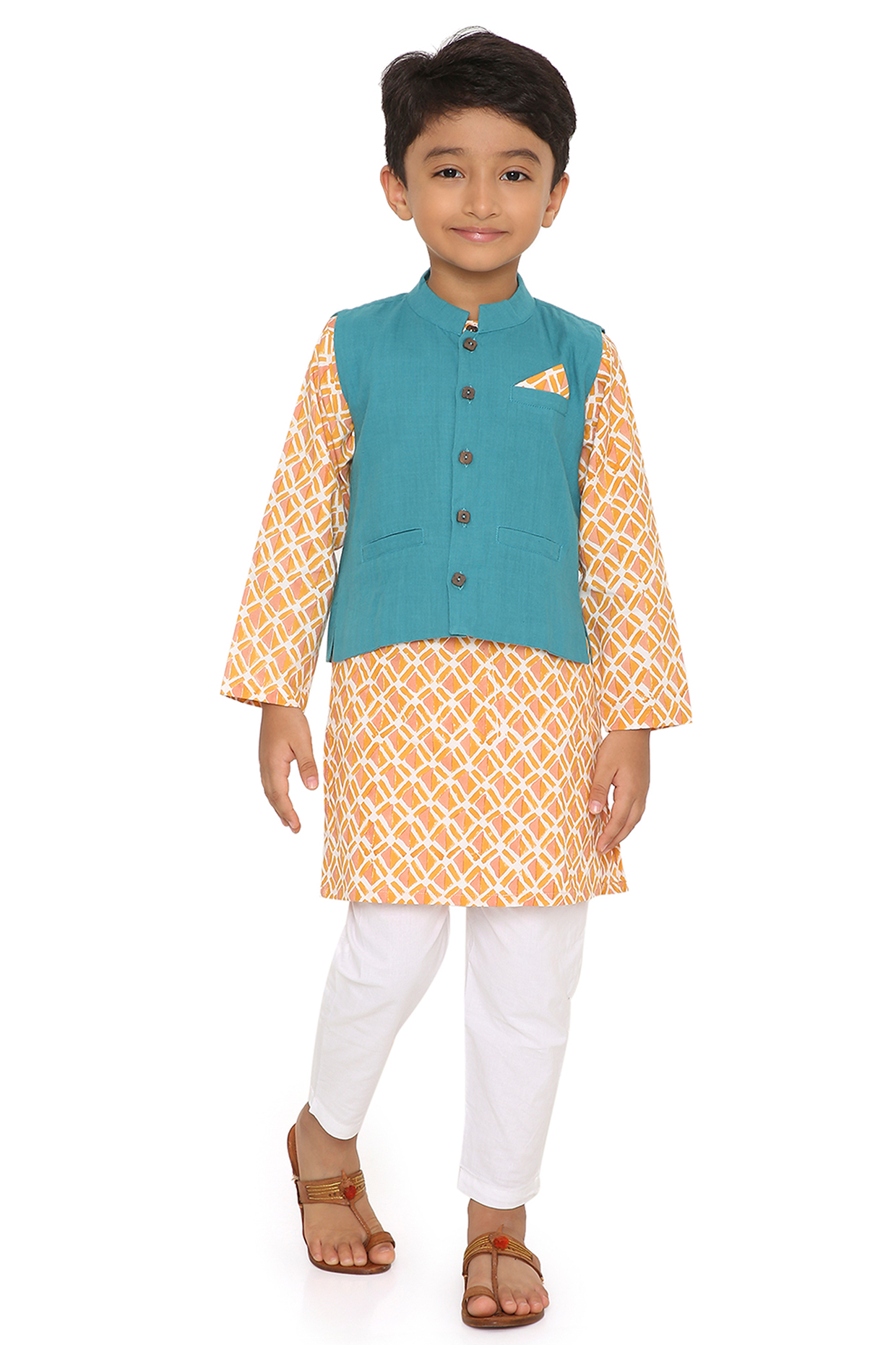 Orange Hand Block Printed Kurta Set For Boys by Miko Lolo at Pernia's Pop Up Shop
